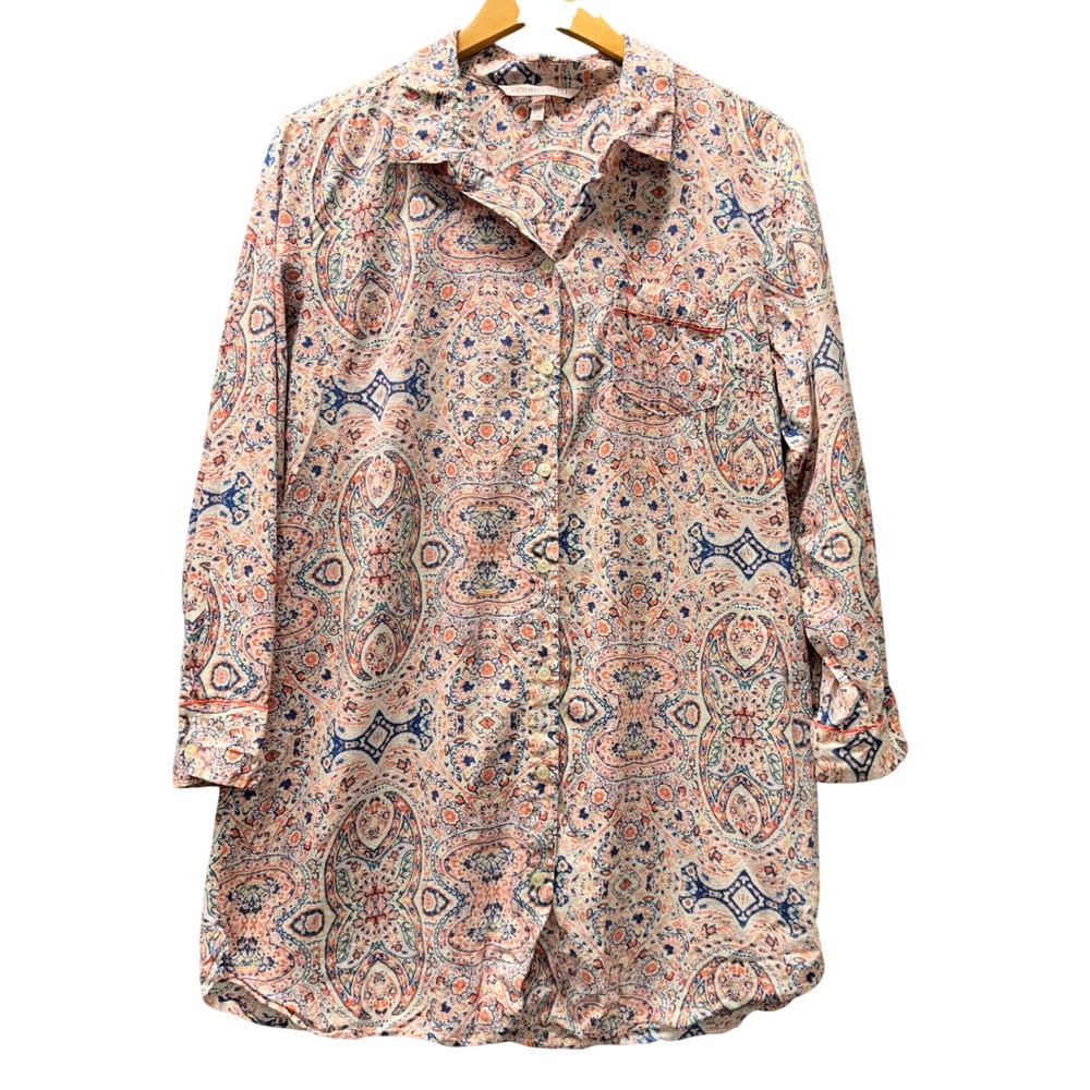 Victoria's Secret Sleep Shirt Womens Large Paisley Nightgown Button Up Pink Blue